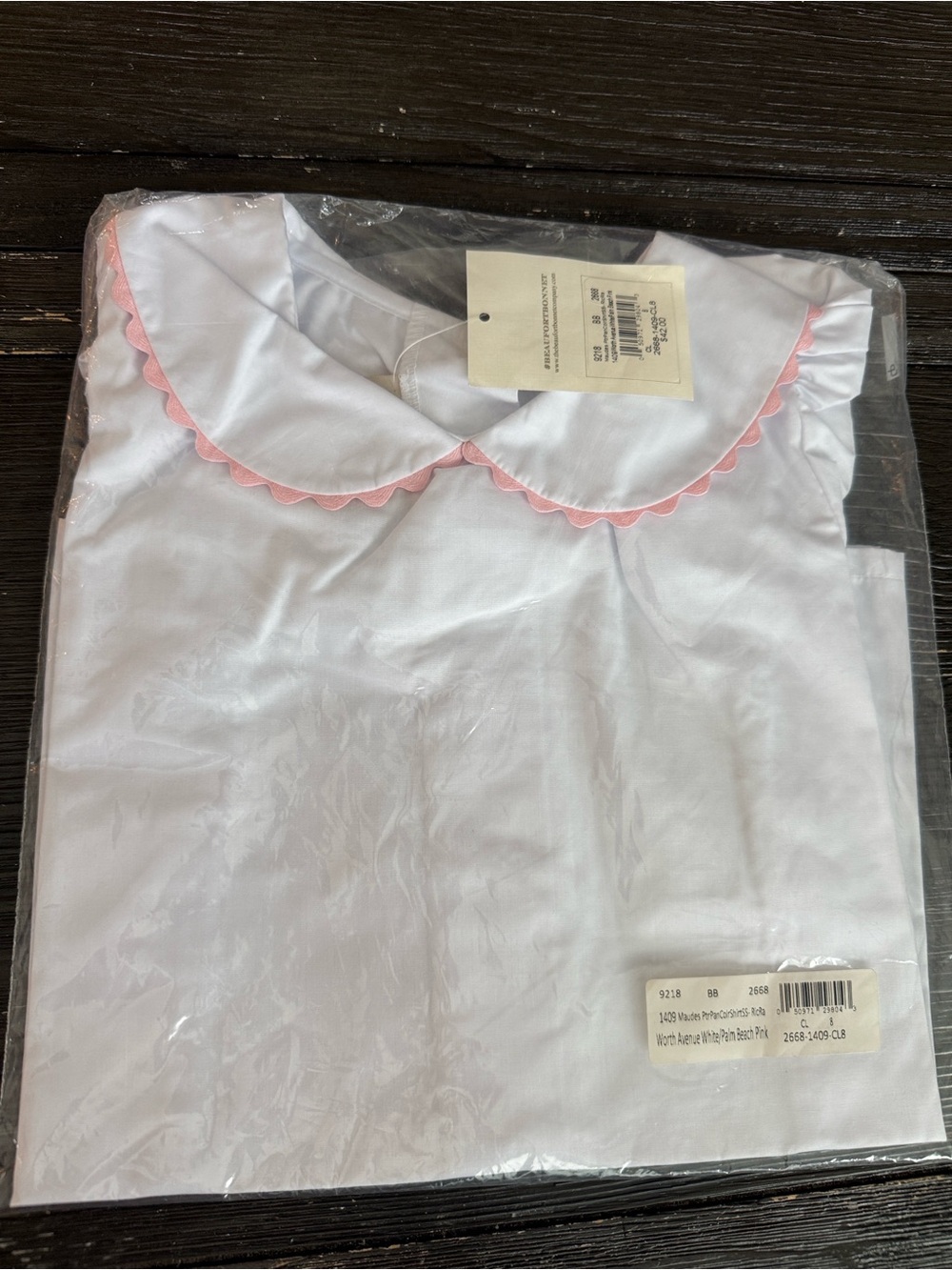 The Beaufort Bonnet Company White Peter Pan Collar Top with Pink Scallop Trim